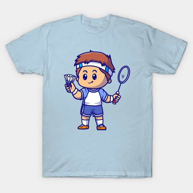 Cute Boy Playing Badminton Cartoon T-Shirt by Catalyst Labs